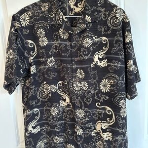 Tommy Bahama men's silk shirt, size medium, black and cream dragon print.
